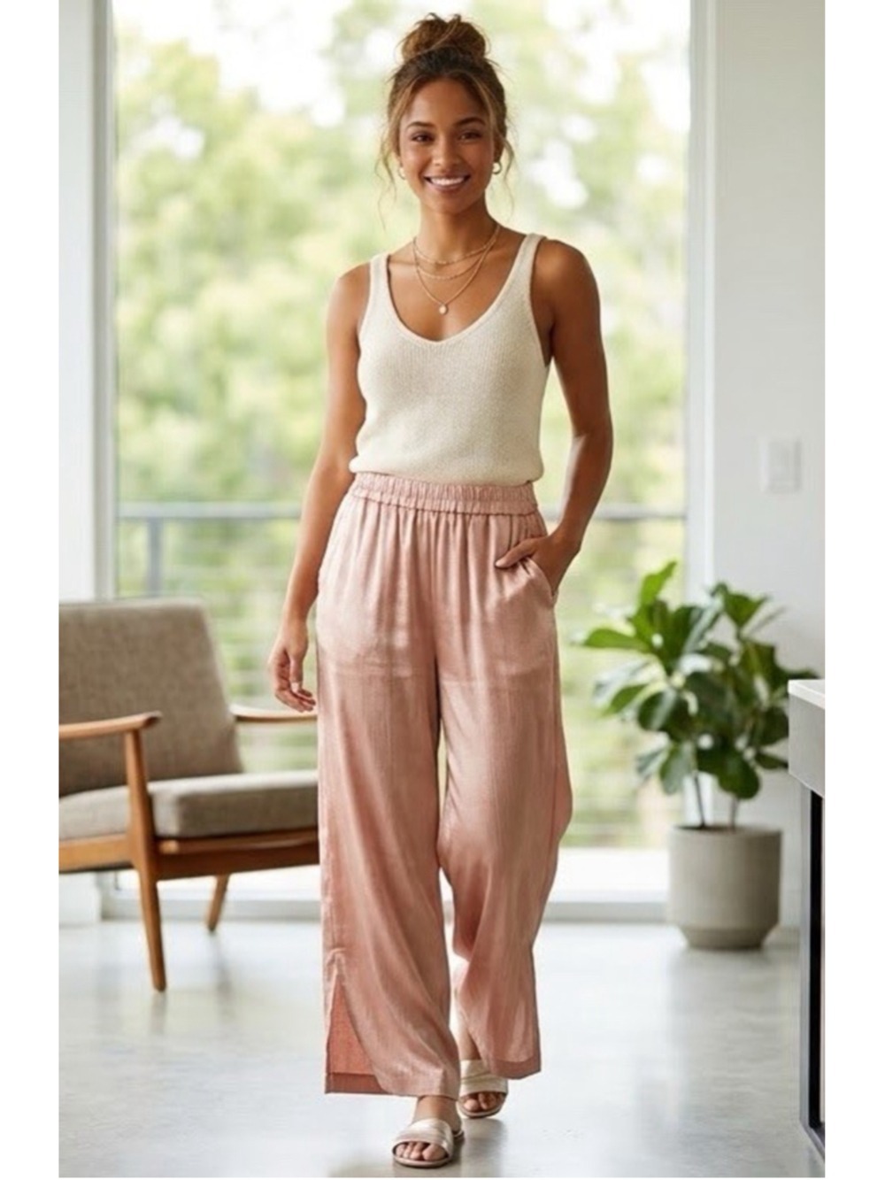 Jason Wu Pink Satin Wide Leg Pants MED Elastic Waist Side Slits Lounge Ballet